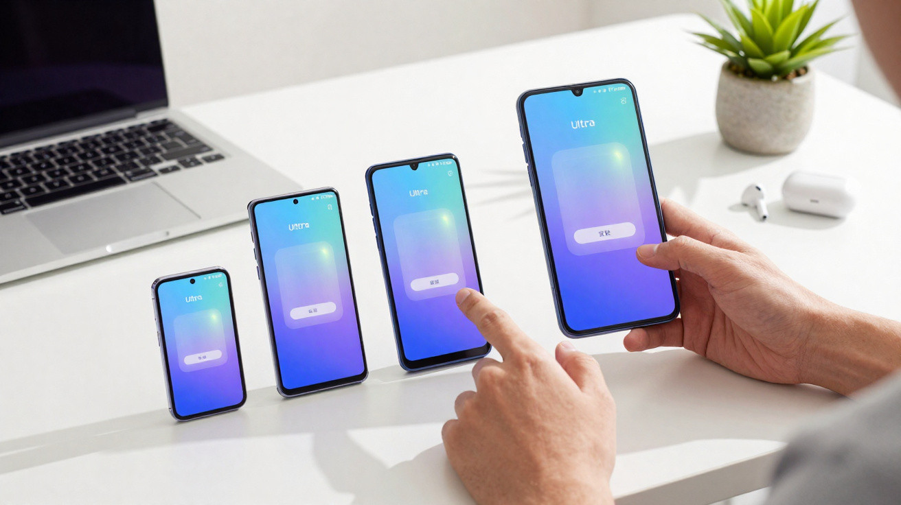 Person interacting with four smartphones of varying sizes on a white desk with a laptop and plant nearby.