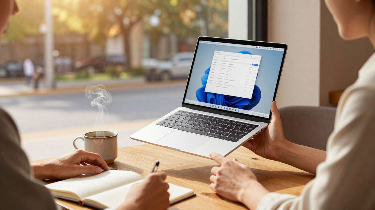 Two people working at a wooden table with a laptop and notebook beside a steaming cup of coffee by a window.