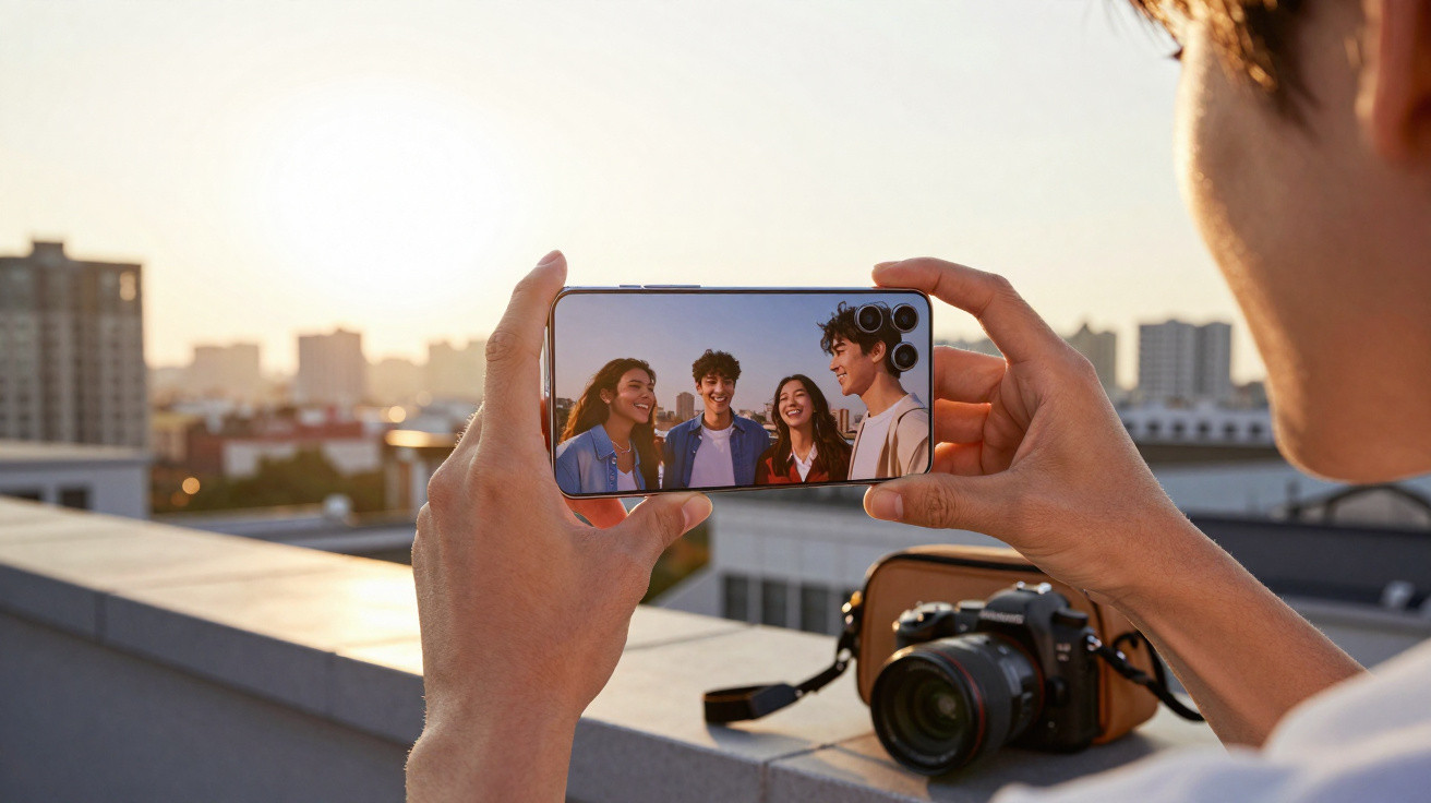 Person holding a smartphone taking a selfie of four friends smiling on a rooftop at sunset.