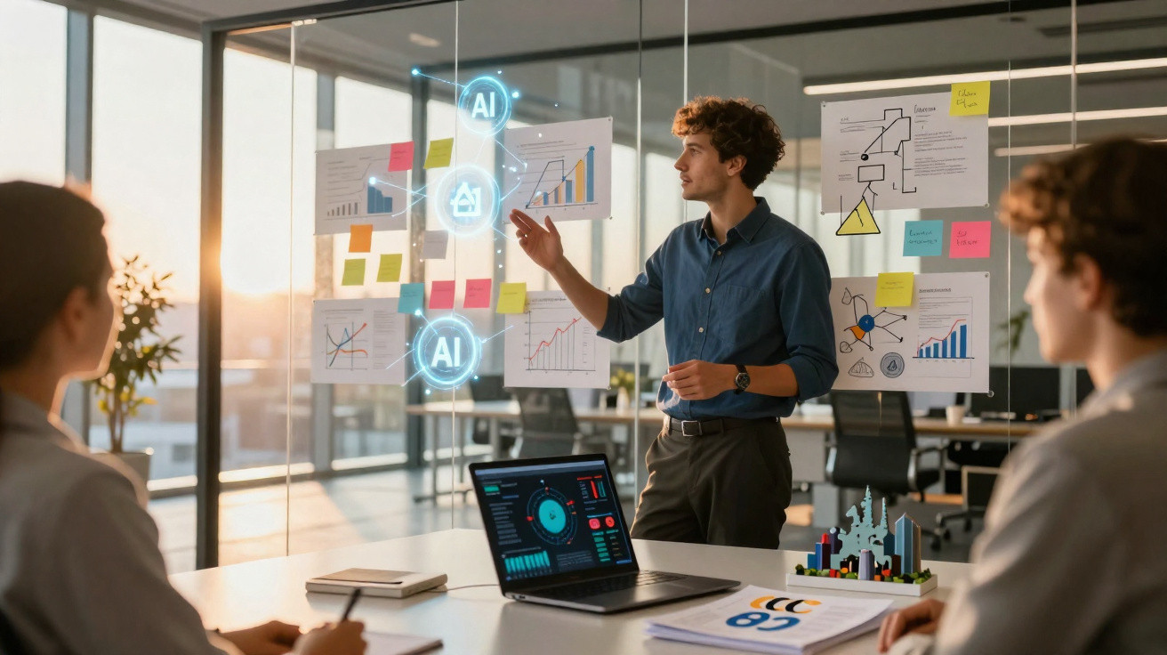 Young man presenting AI data charts to colleagues in a modern office with laptop and sticky notes on glass wall.