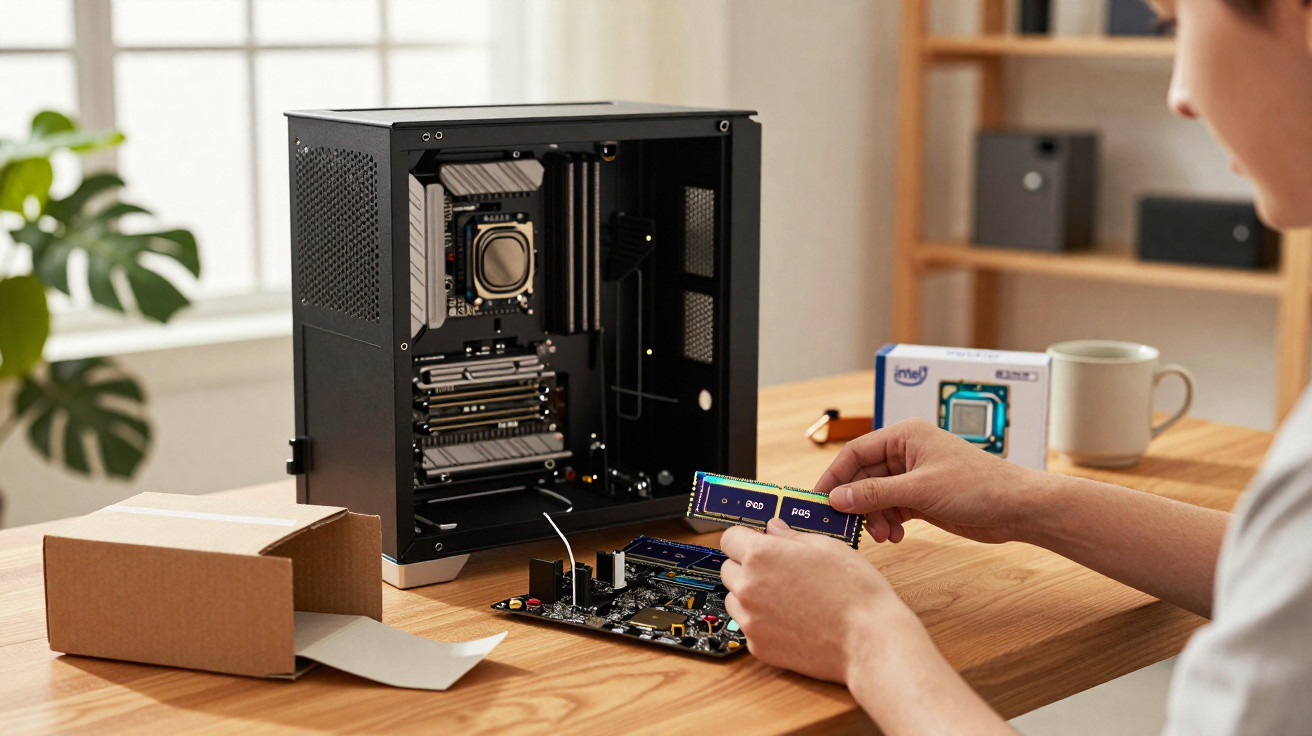 Person installing RAM sticks into a motherboard beside an open PC case on a wooden desk.