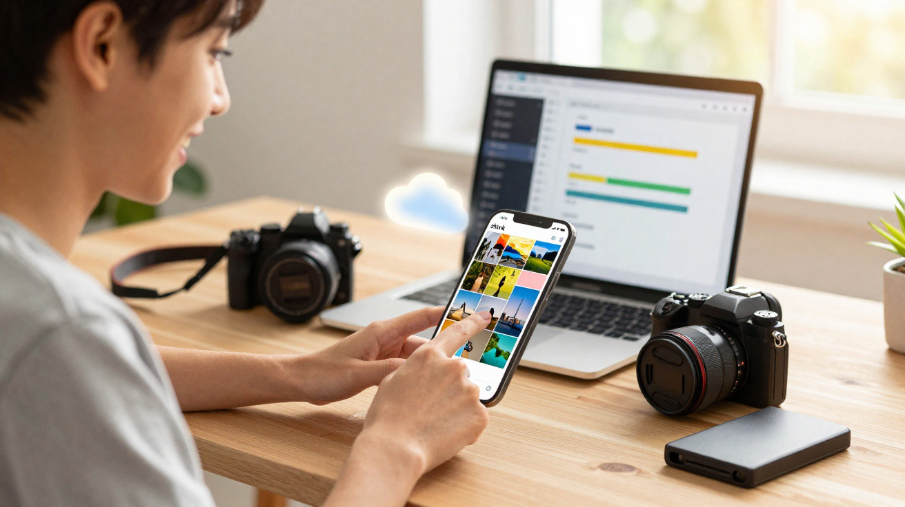 Person browsing photos on a smartphone with a laptop, DSLR cameras, and external hard drive on a wooden desk.