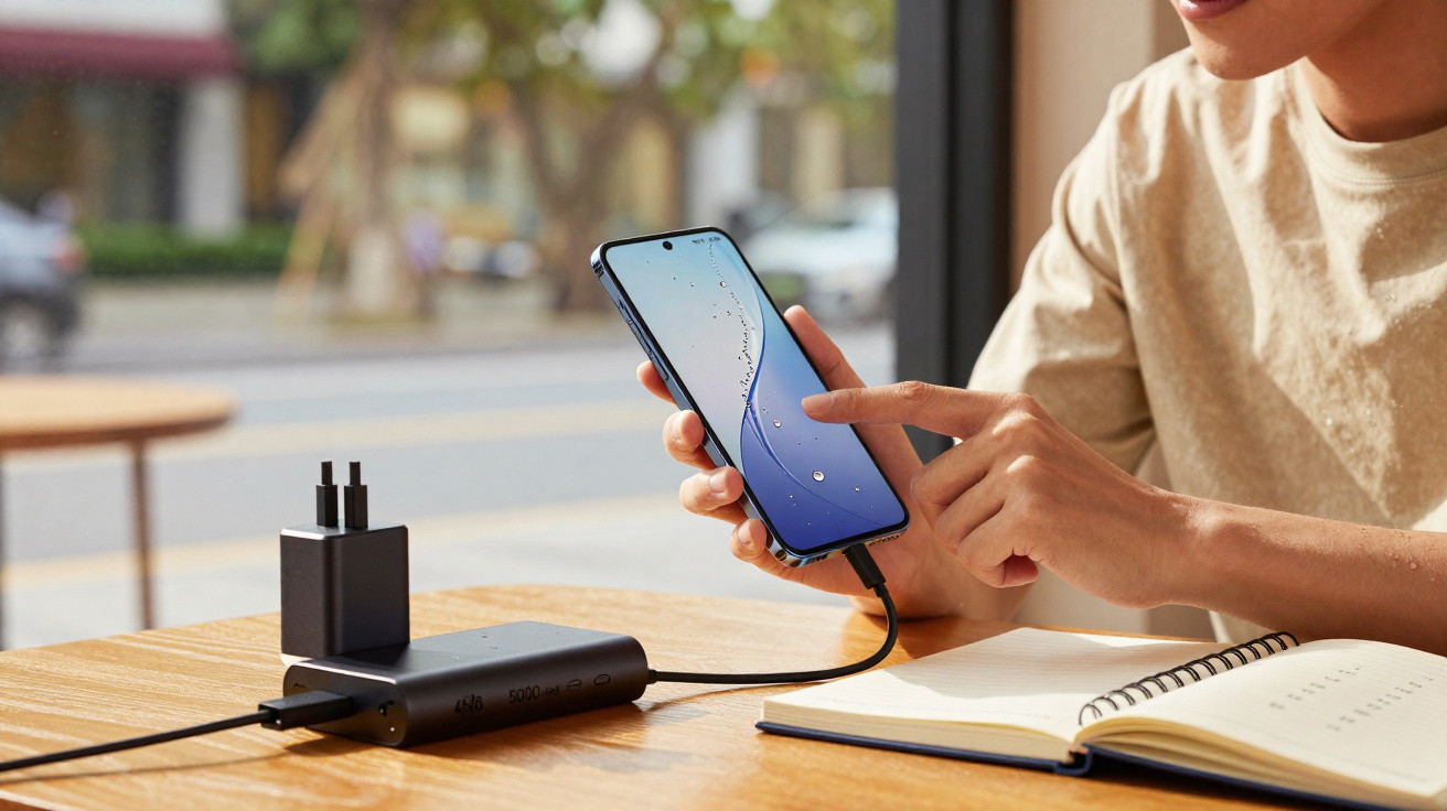 Person using a smartphone connected to a portable charger on a wooden desk with an open notebook nearby.