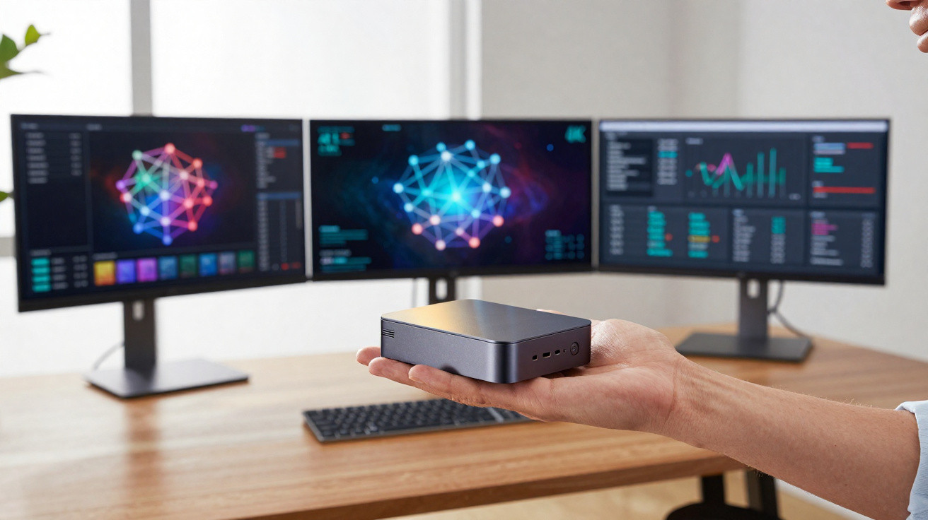 Person holding a compact black mini PC in front of three computer monitors displaying data and graphics on a wooden desk.