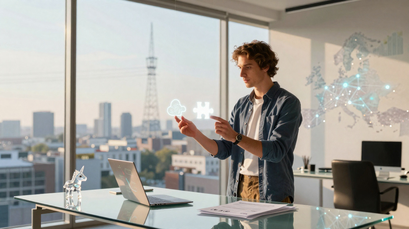 Young man interacting with futuristic digital icons of cloud and puzzle piece in a modern office with city view.