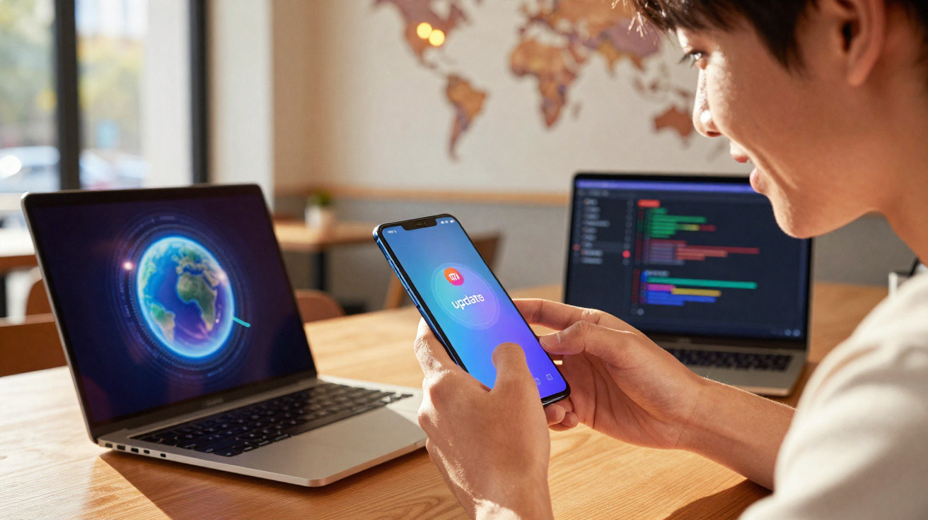 Person holding a smartphone displaying an app update screen, with two laptops on a wooden desk in a room.