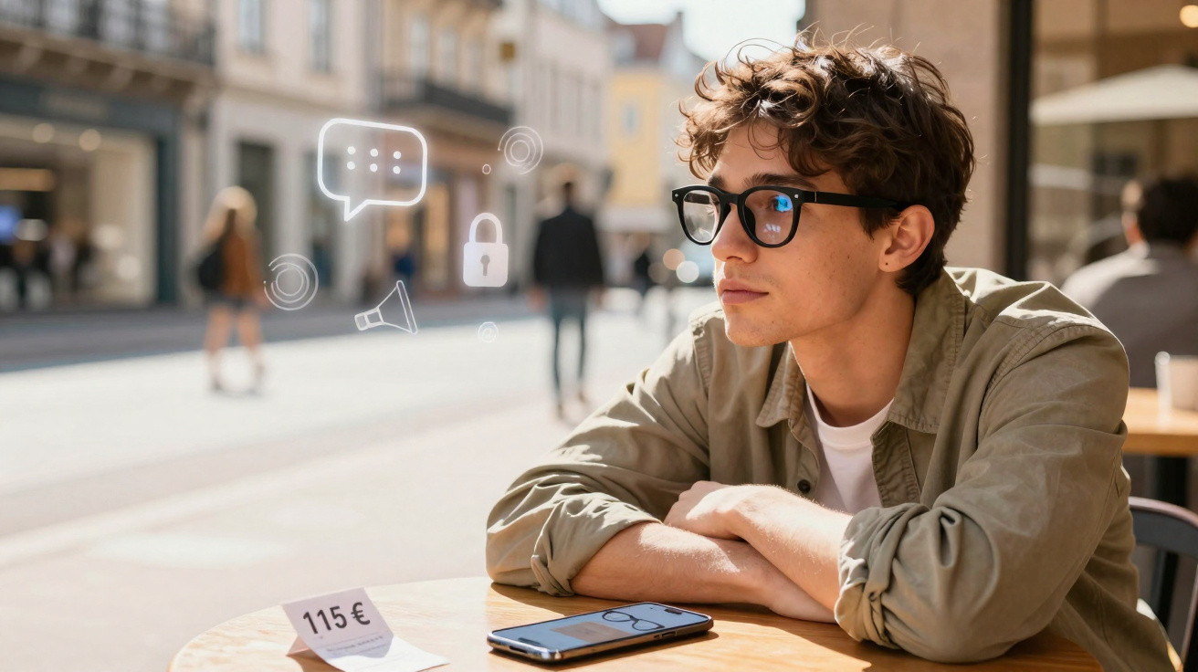 Young man wearing glasses sitting at café table with phone and price tag, looking thoughtful outdoors.