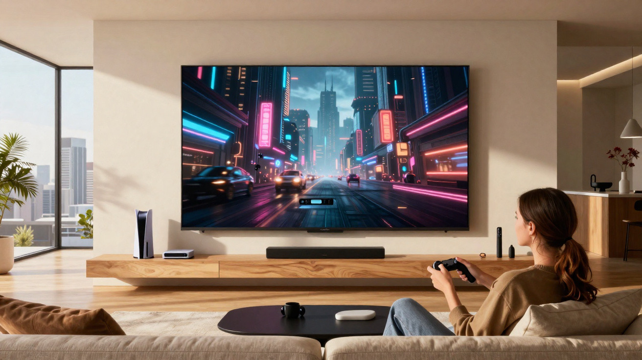 Person playing a racing video game on a large wall-mounted TV in a modern living room with city view.