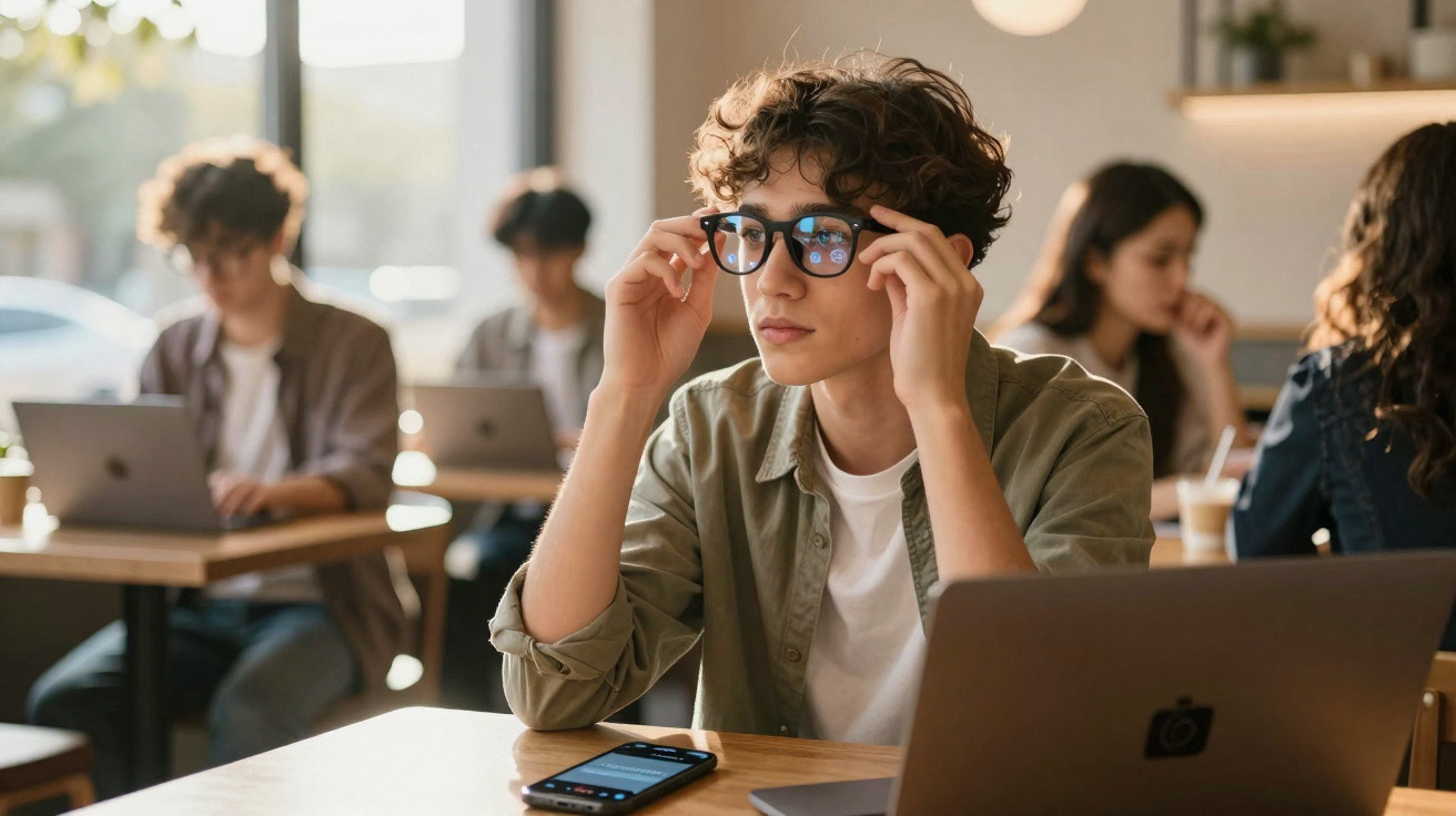 Young man adjusting glasses while sitting at a table with a laptop in a busy café study environment.