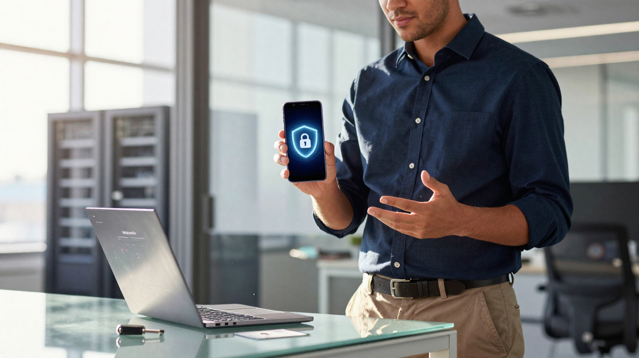 Man in office showing smartphone with digital lock icon next to open laptop on glass desk.