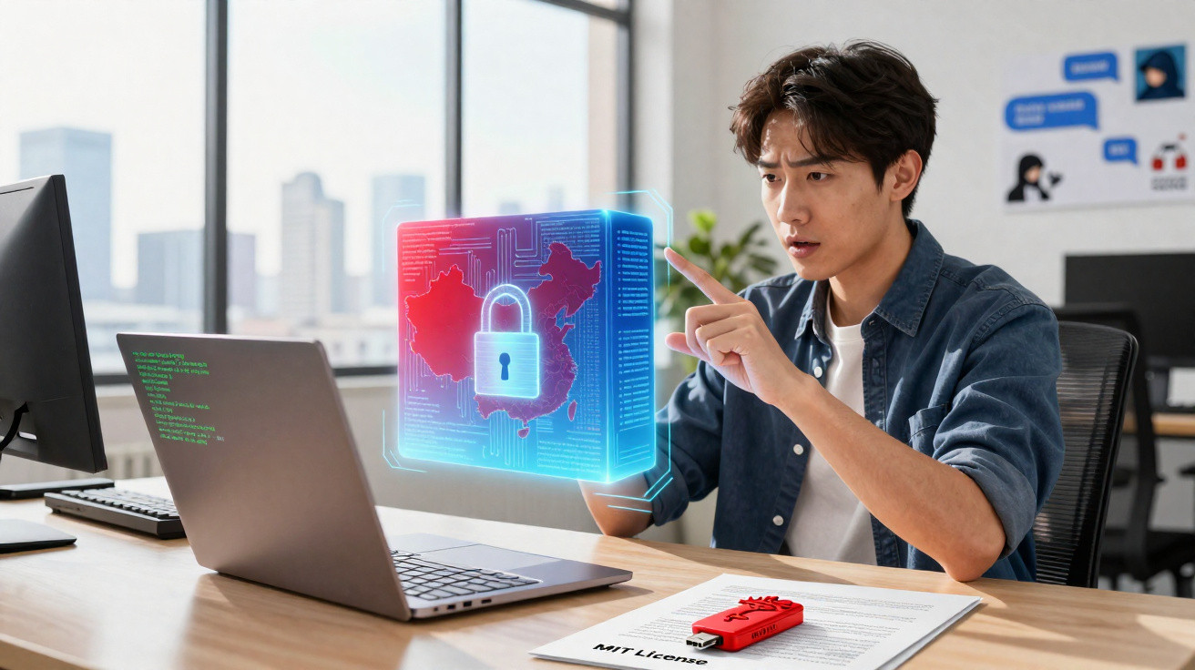 Man interacting with a holographic digital lock and map of China, sitting at a desk with a laptop and USB drive.
