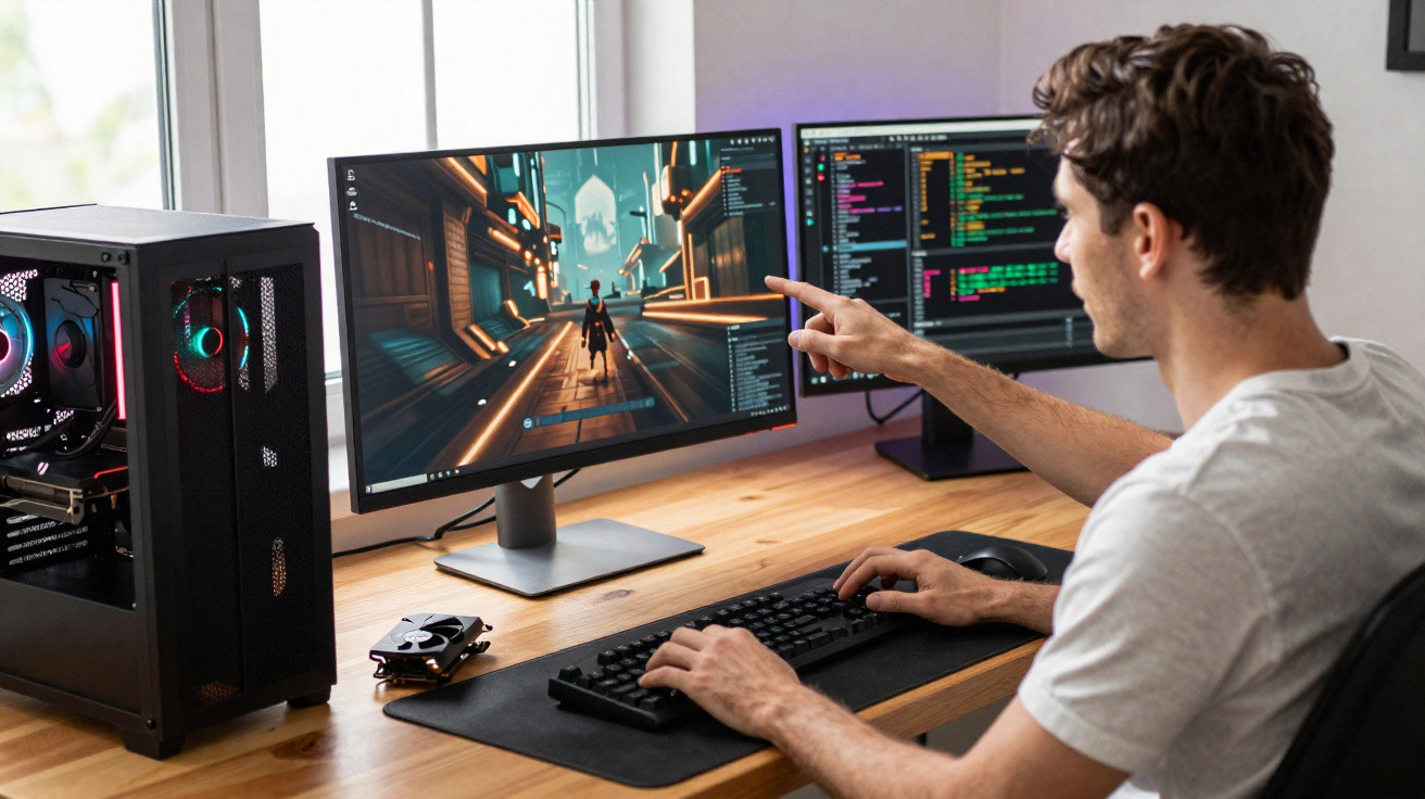 Man pointing at video game on monitor while using keyboard with a second screen showing coding on a wooden desk.