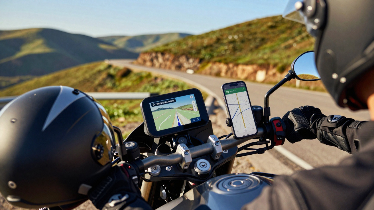 Motorcyclist wearing gloves and helmet navigating a winding road using GPS and smartphone maps.