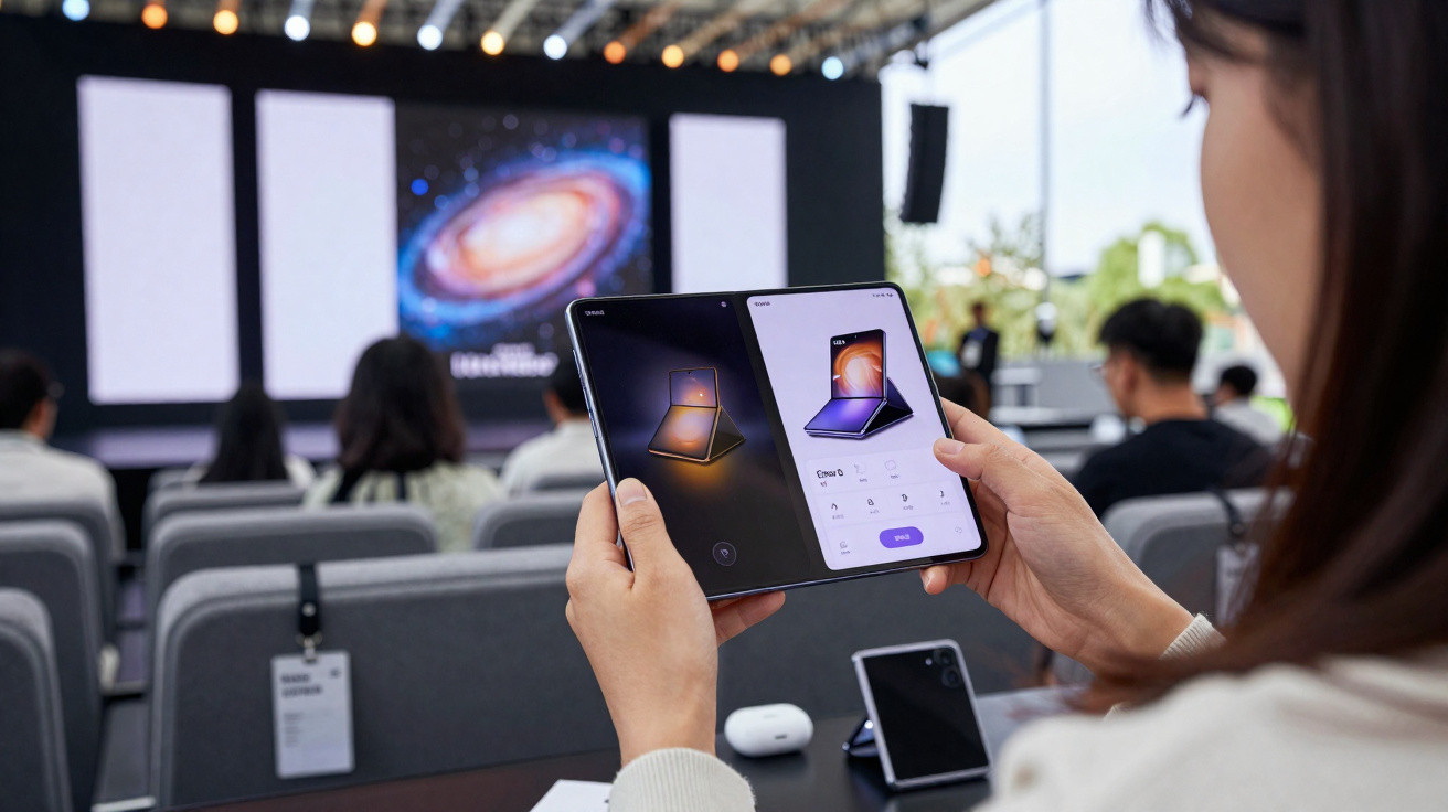 Person holding an open foldable smartphone showing product images during a tech event with seated audience in background.