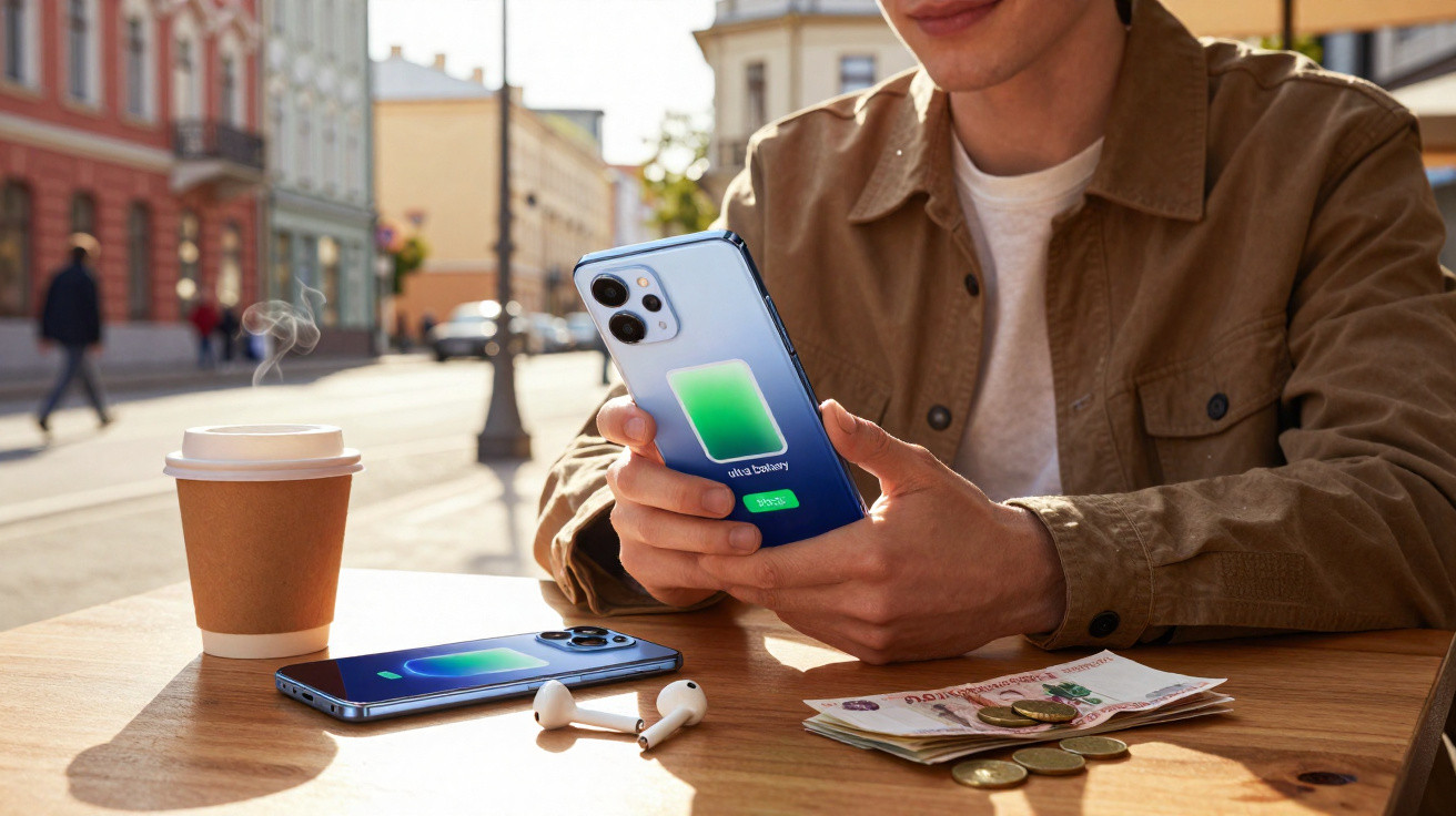 Person holding a phone showing full battery icon, with another phone, earphones, coffee, and money on the table.