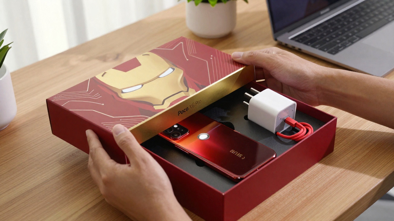 Person opening a red Iron Man themed box containing a red Poco X3 Pro smartphone and white charger on a wooden table.