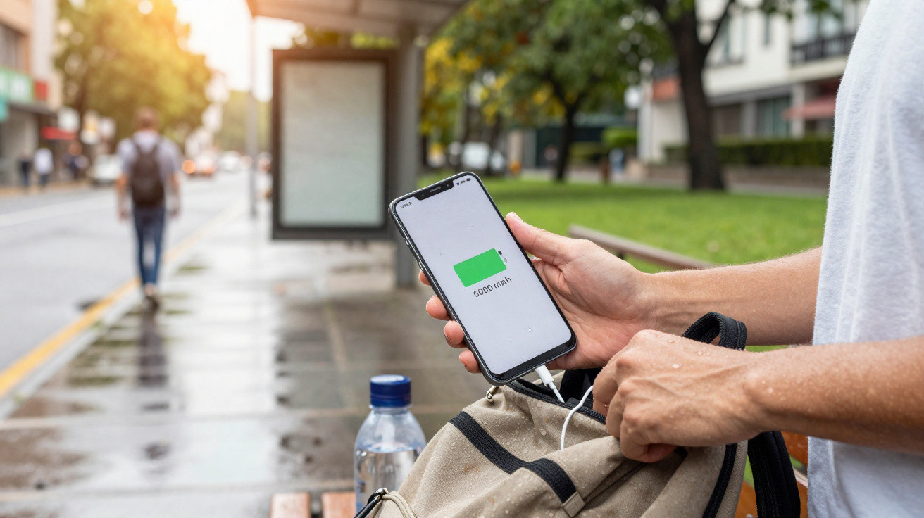 Person charging smartphone showing 6000 mAh battery status while sitting at a wet bus stop bench