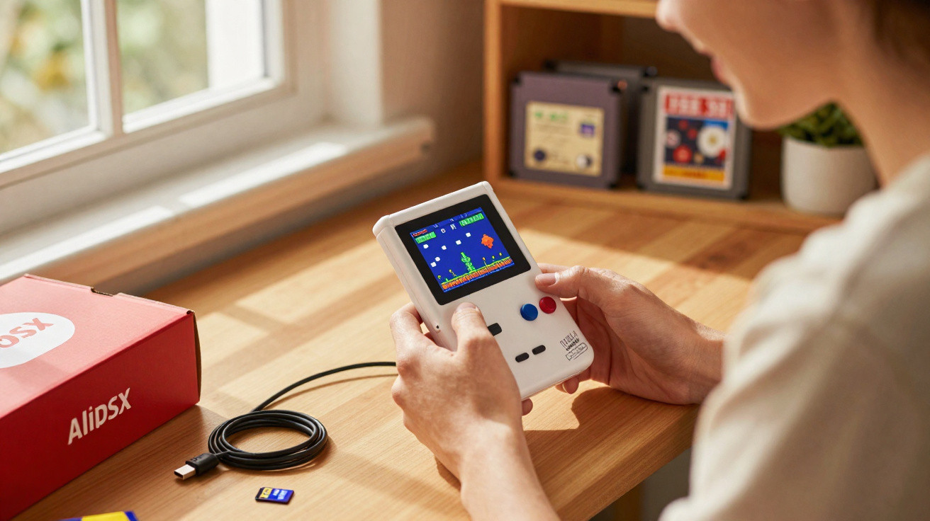 Person holding a handheld retro gaming console playing a pixelated platform game at a wooden desk.