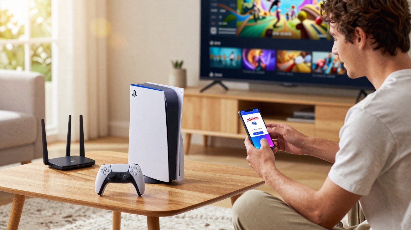 Man sitting by a table with a PlayStation 5 console and controller, using a phone with a TV screen in the background.