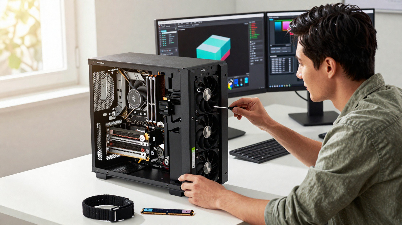 Man assembling or repairing a desktop computer with dual monitors displaying 3D design software in the background.