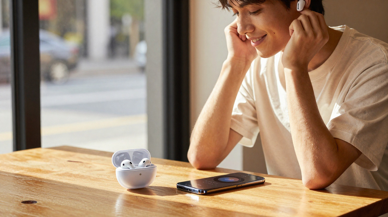 Young man smiling while putting on wireless earbuds next to smartphone and charging case on wooden table.