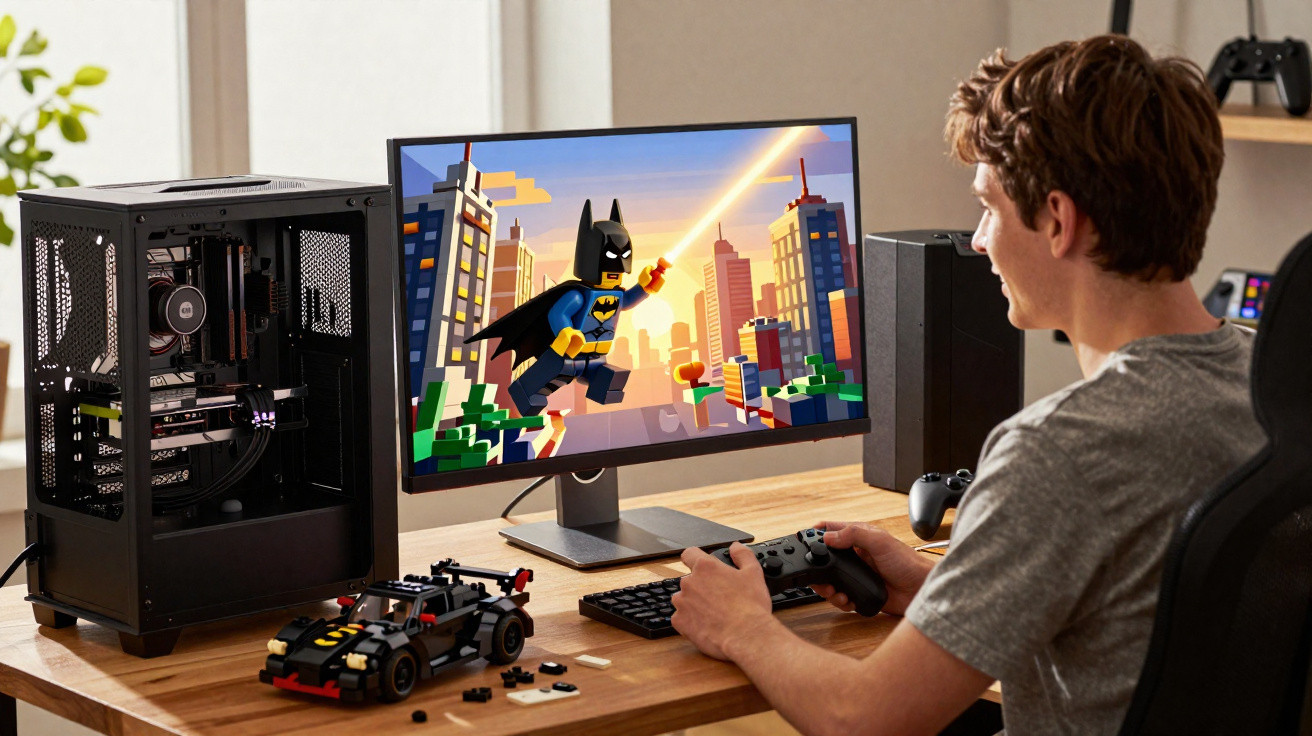 Teenage boy playing LEGO Batman video game on a PC with LEGO Batmobile model on the desk.