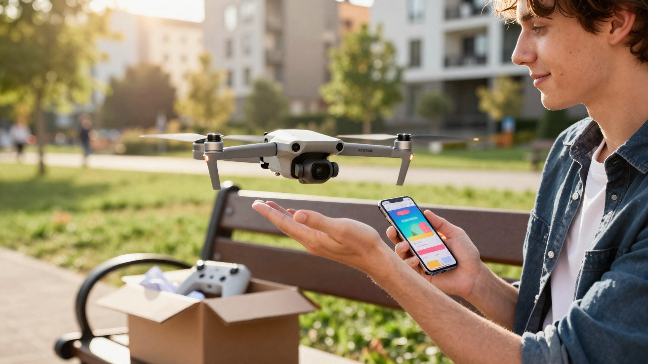 Young man controlling a hovering drone using a smartphone app on a park bench outdoors.
