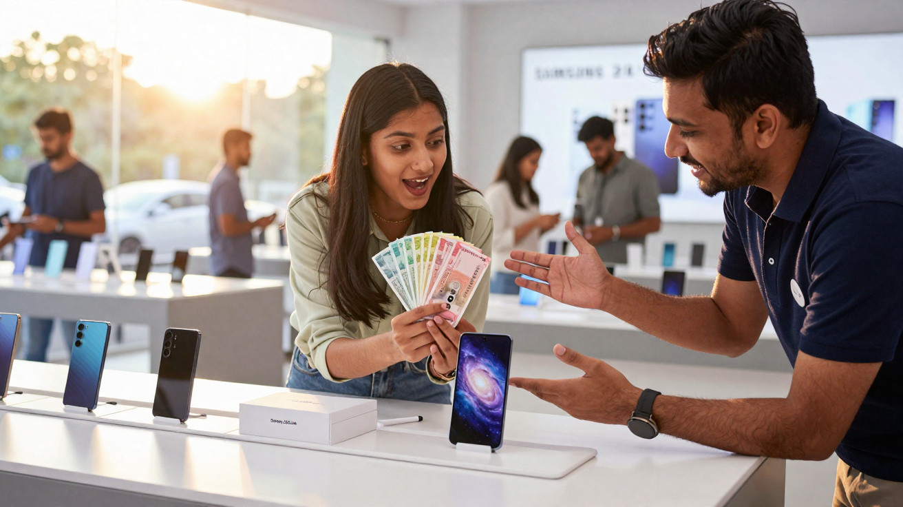 Customer excitedly holding Indian currency notes while buying a smartphone in a modern mobile store.