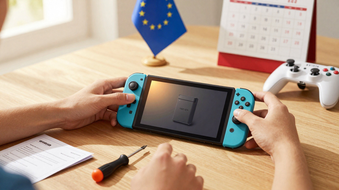 Person holding a Nintendo Switch with blue Joy-Con controllers on a wooden table with tools and a game controller.