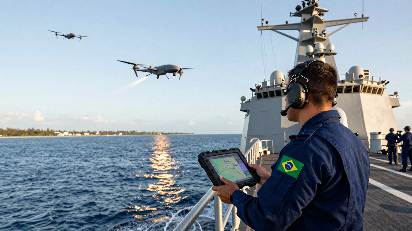 Brazilian navy personnel operating drones captured in flight from the deck of a naval ship at sea.