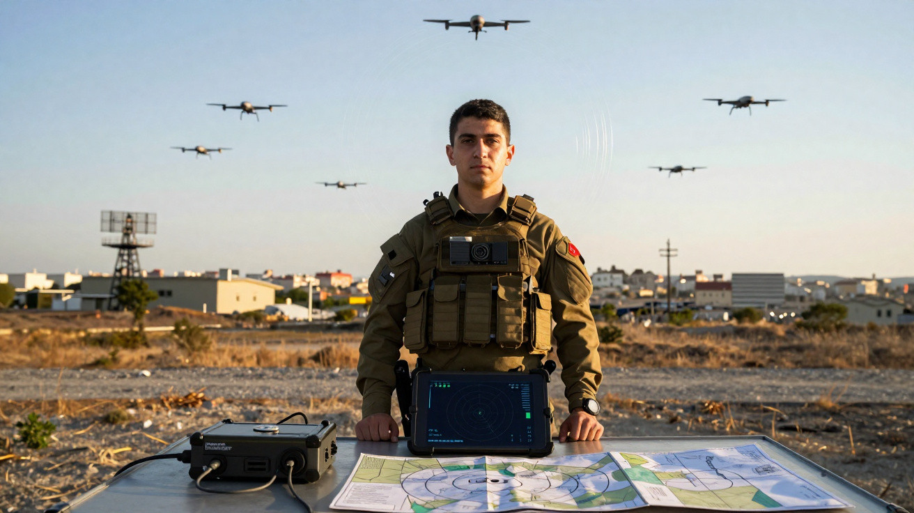 Soldier in military gear standing at a table with maps and drone control equipment, drones flying overhead at sunset.