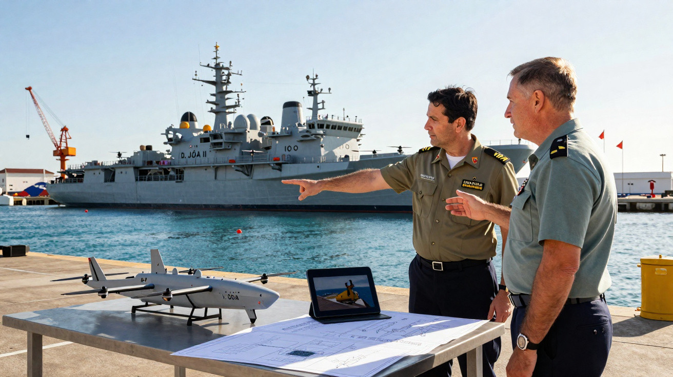 Two military officers discuss plans on a dock beside a model drone and a large naval ship in harbour.