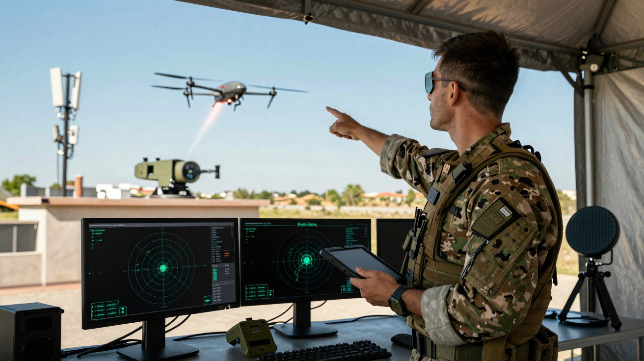 Military personnel operating a drone with monitoring equipment and radar screens in an outdoor tent.