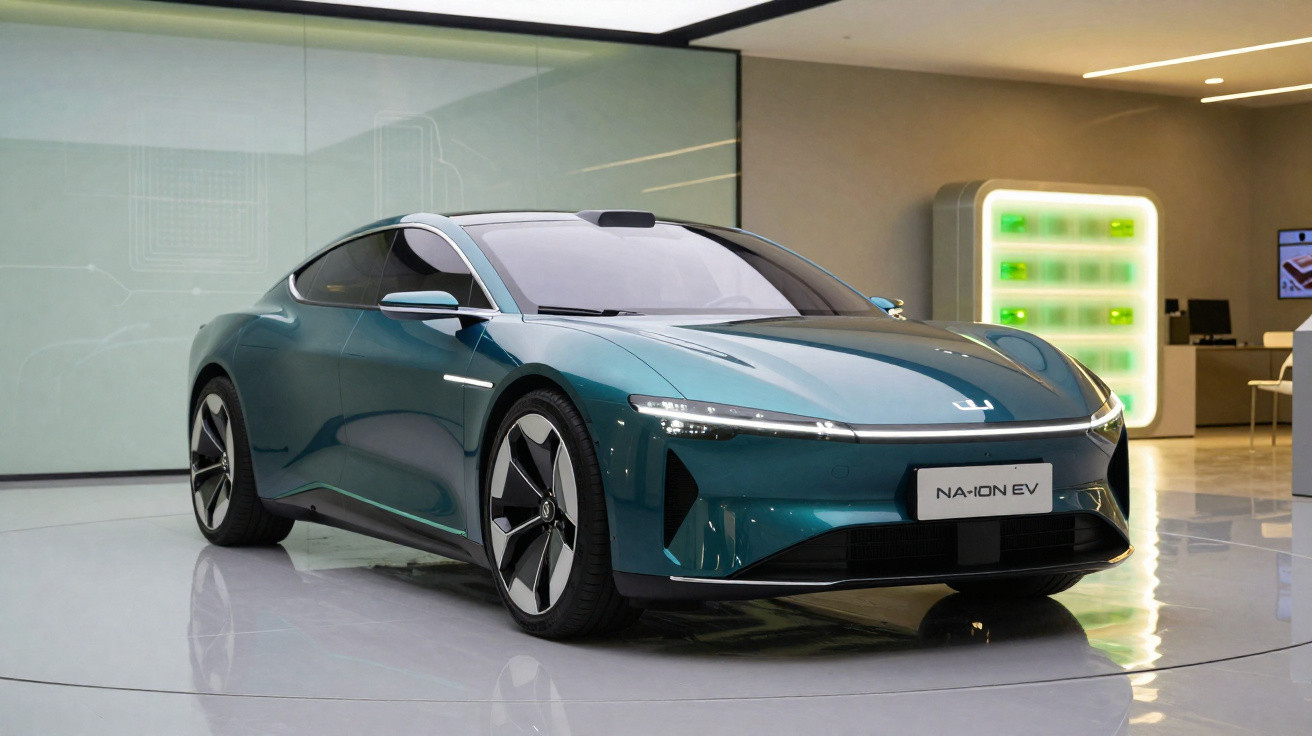 Sleek teal electric sports car displayed indoors with glossy finish and futuristic LED headlights.