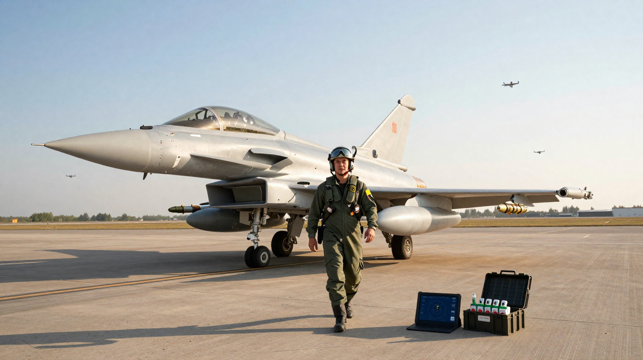 Military pilot walking on runway near fighter jet and open equipment case with planes flying overhead