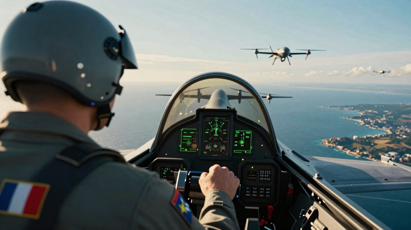 Pilot wearing helmet flying a jet with three drones flying over the coastline in clear skies.