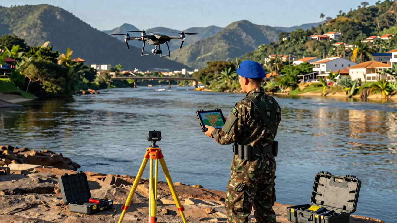 Soldier in camouflage and blue beret operating a drone by a river with mountains and houses in the background.