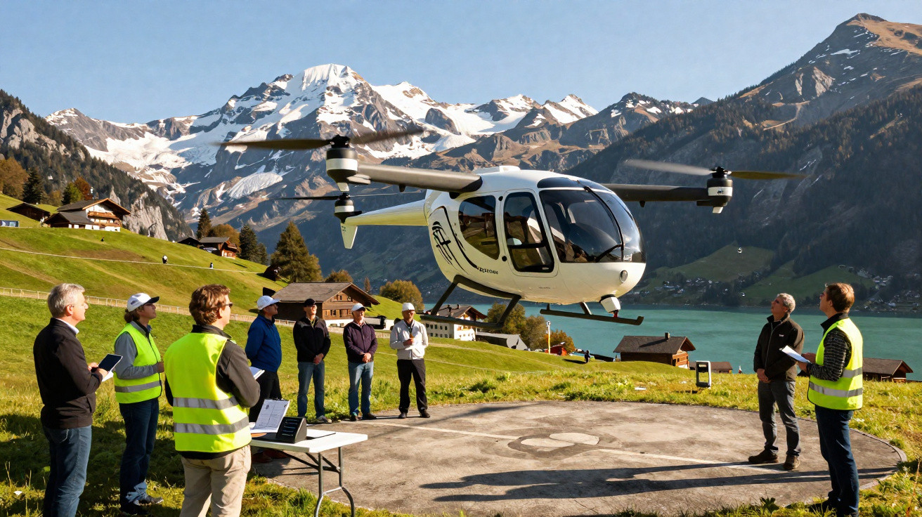 A white passenger drone hovers over a helipad as a group of people in high-visibility jackets watch in a mountainous area.