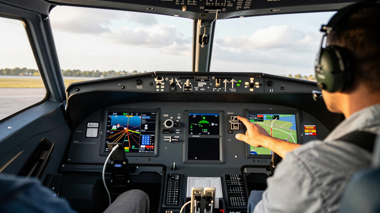 Pilot wearing headset operating touchscreen controls inside modern aircraft cockpit during daytime flight.