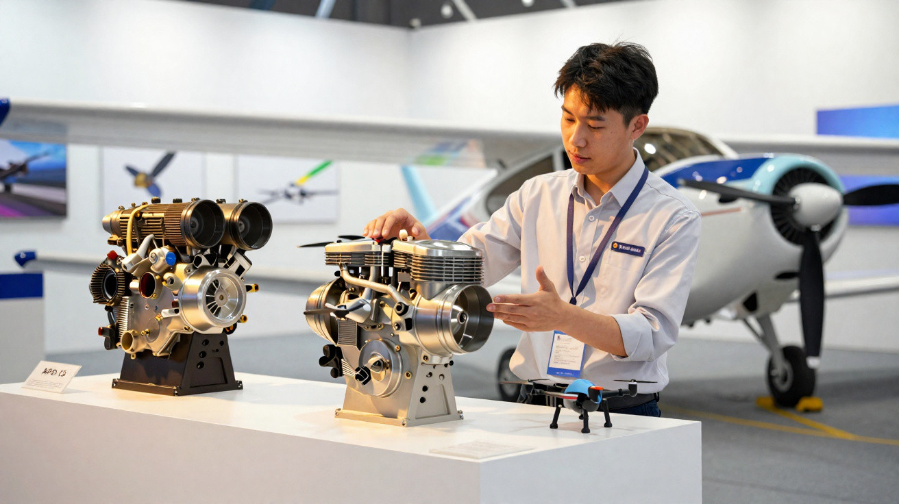 Man examining two aircraft engines on display with a small drone and a light aircraft in the background.