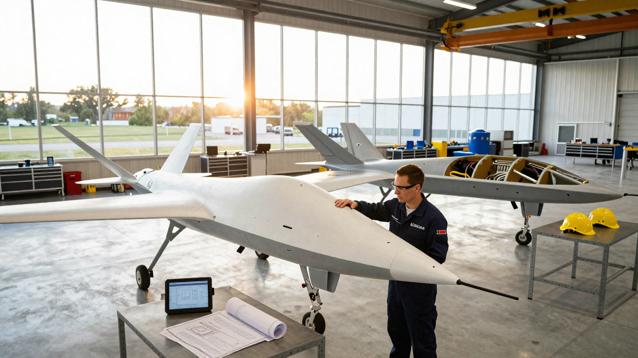 Engineer inspecting a large drone inside a bright hangar with another drone and safety helmets in the background.