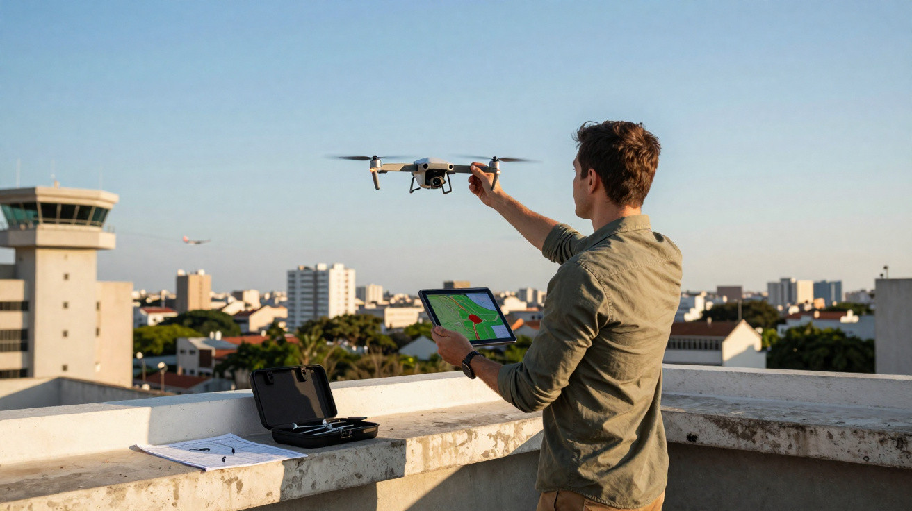 Man operating a drone with a tablet on a rooftop overlooking a cityscape under clear sky.