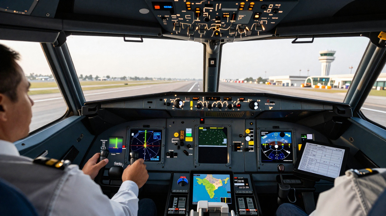View from inside an aircraft cockpit with pilots operating controls and runway visible ahead.