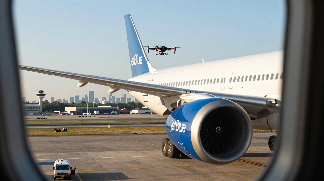 Drone flying near the tail of a JetBlue airplane on airport runway, viewed from inside a plane window.