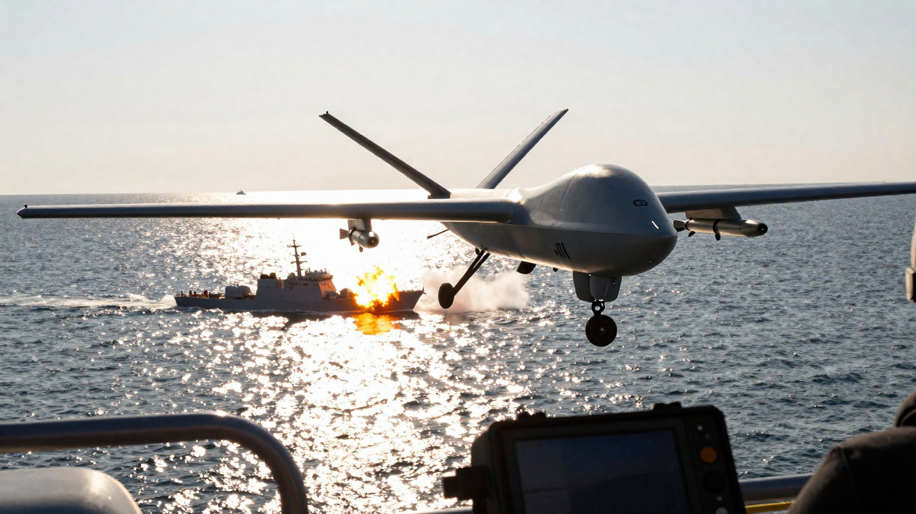 Drone flying low over sea with warship and explosion in the water near sunset.