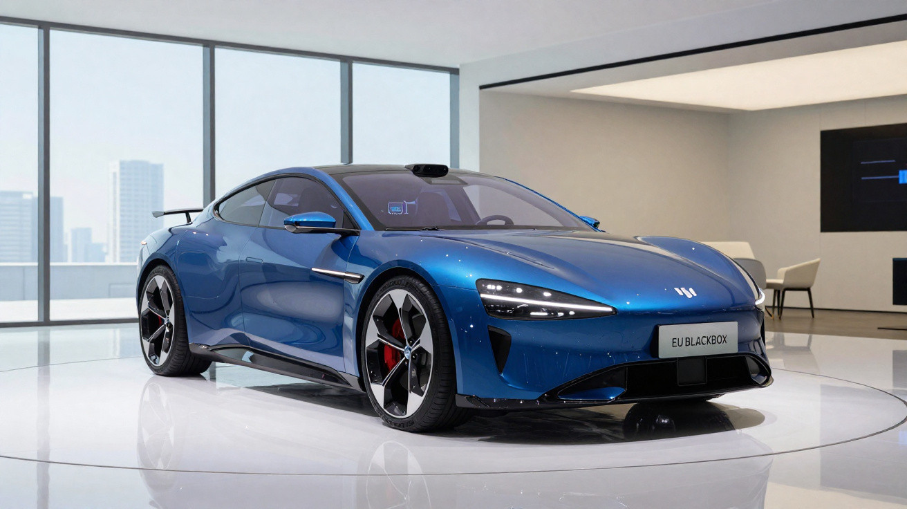 Blue sleek electric sports car displayed in a bright modern showroom with large windows and city view background.