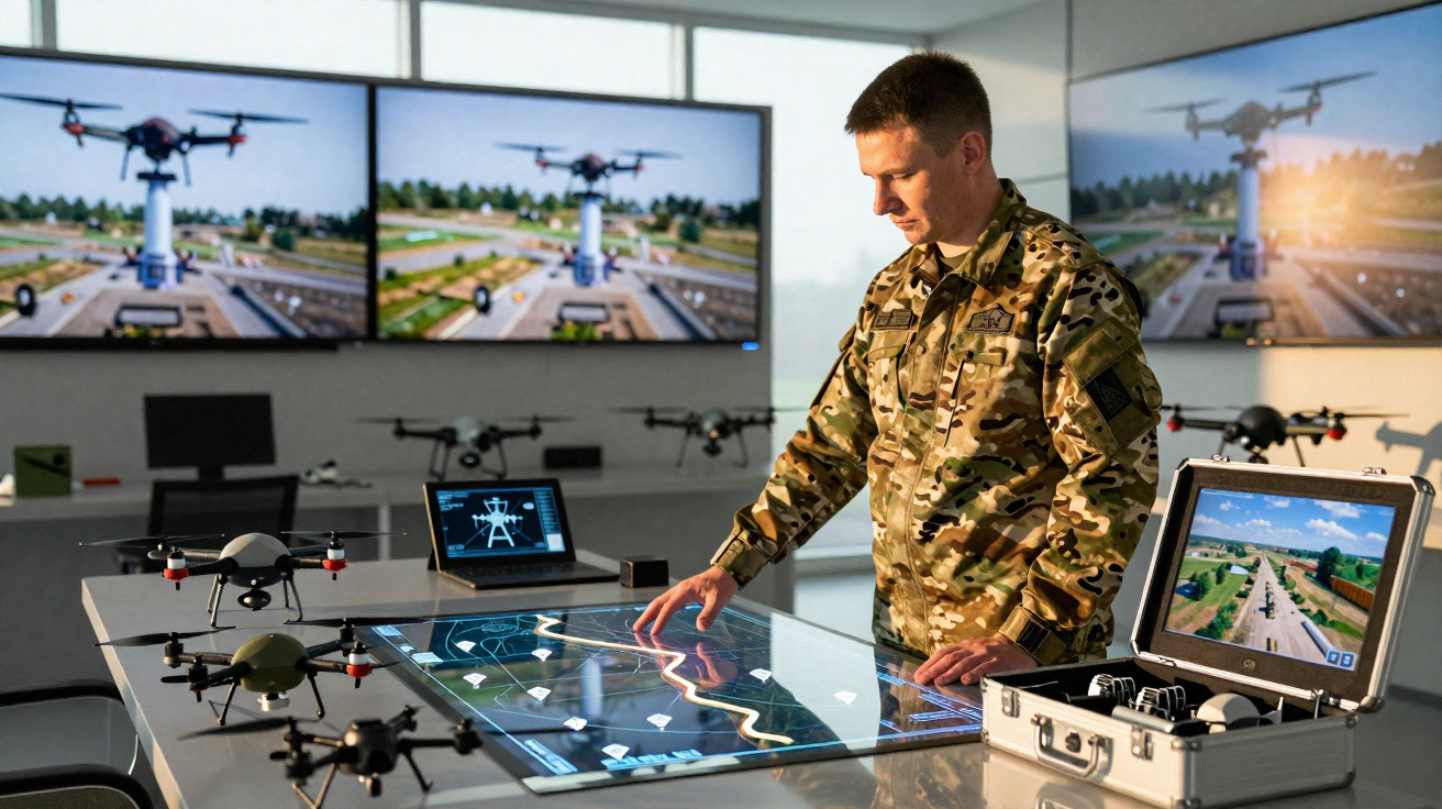 Military personnel analysing drone flight path on interactive digital table in a control room with drone models.