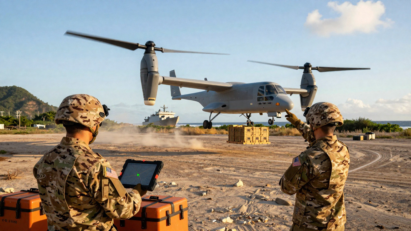 Two soldiers in camouflage operating a drone aircraft near a coastline with a ship in the background