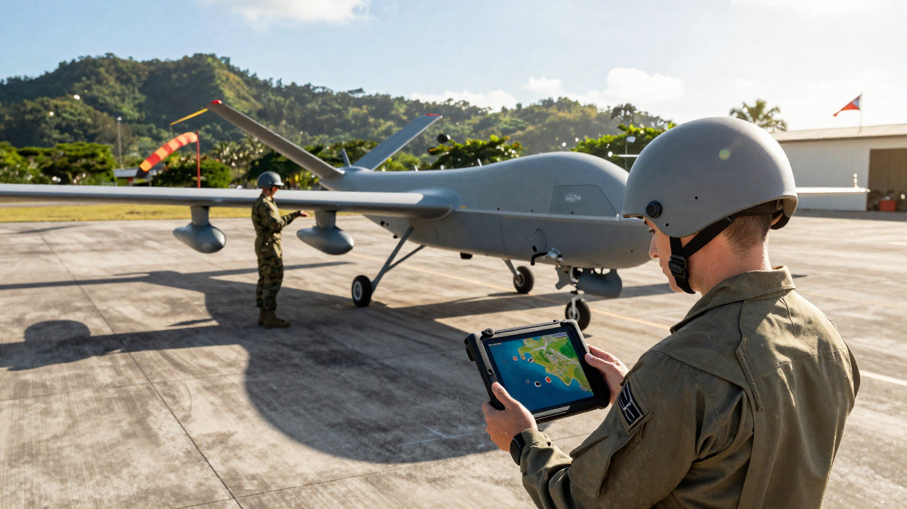 Military personnel operating a drone on a runway with a tablet and inspecting the aircraft on a sunny day.