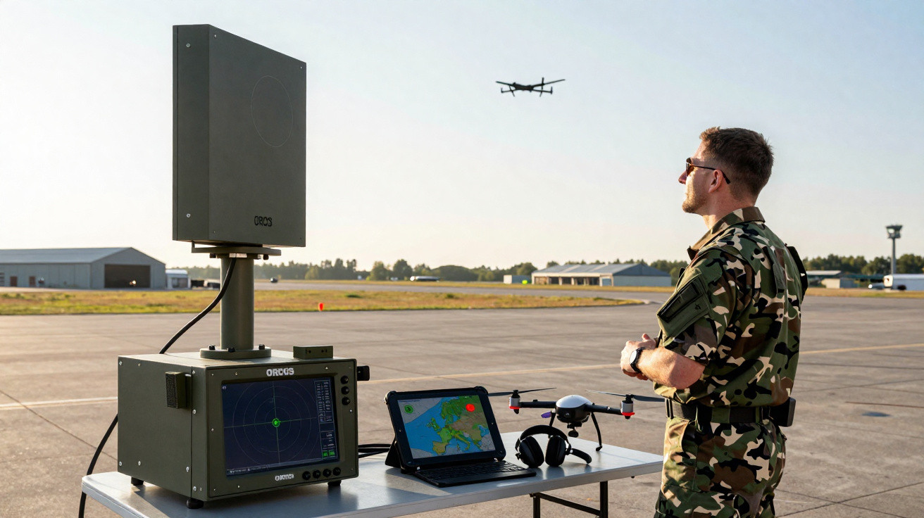 Military personnel operating drone radar and control systems on an airfield with a drone flying in the sky.